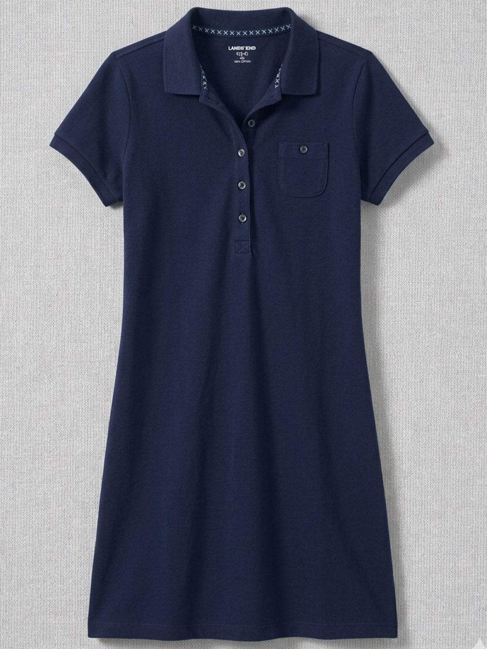 Lands' End Navy Pique Polo Shirt Dress S Preppy Embroidered Trim Short Sleeve